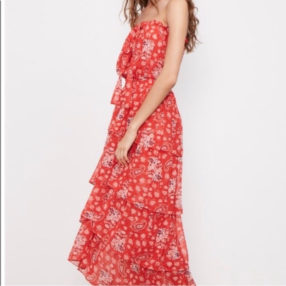 NEW MISA Los Angeles Halter Neck Ruffle Tiered Floral Maxi Dress Red Boho Summer - Picture 7 of 16